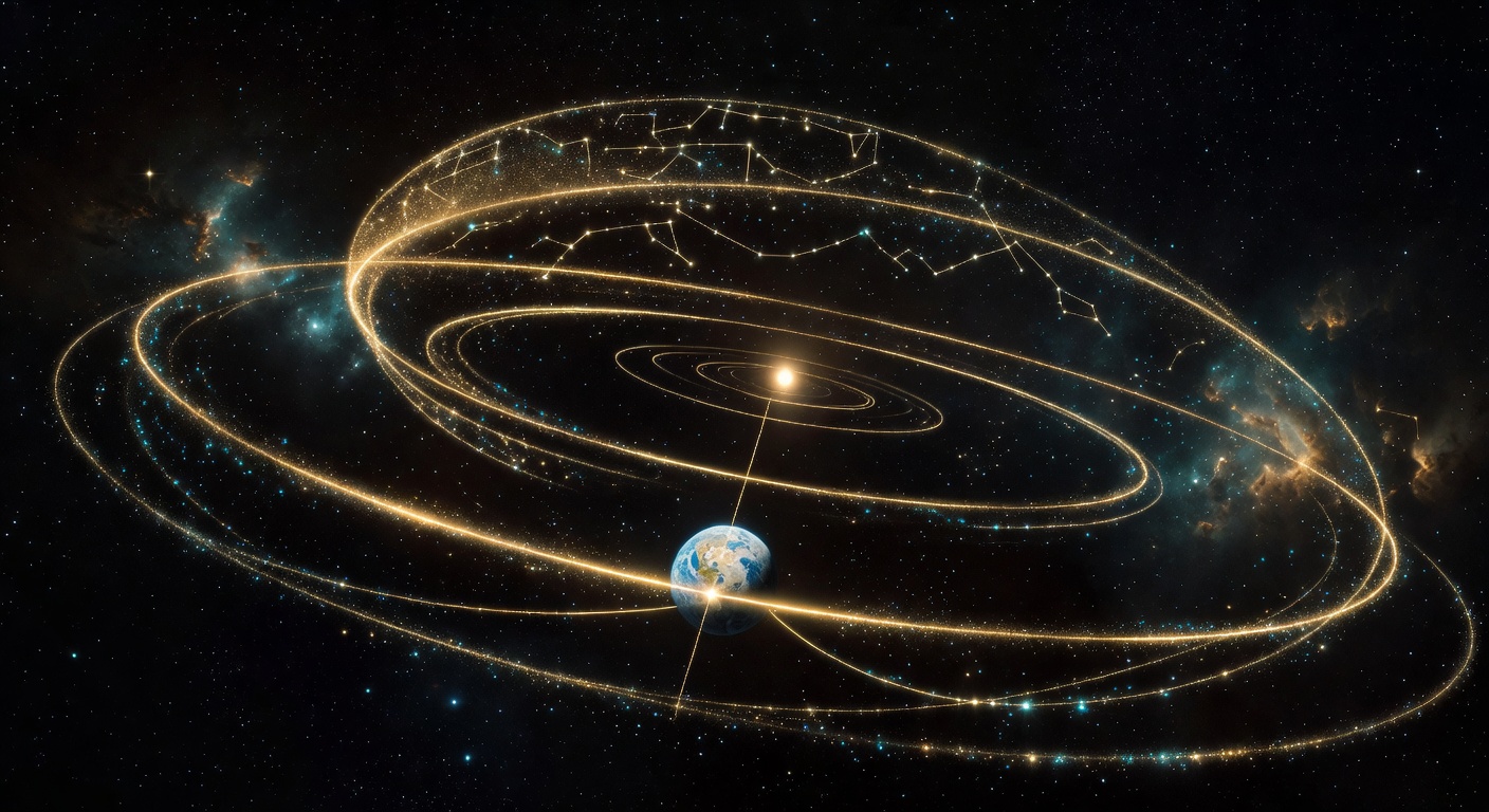 Cosmic panorama of overlapping orbital cycles — precession cone, orbital ellipses, zodiacal wheel